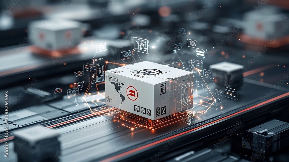 Poster High tech delivery box with a glowing global map graphic moving on a conveyor belt under a digital network representing the future of automated logistics and international cargo transportation