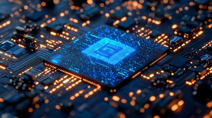 Futuristic chip with a captivating blue holographic effect creating a spacious and modern digital backdrop for technology innovation and science fiction concepts