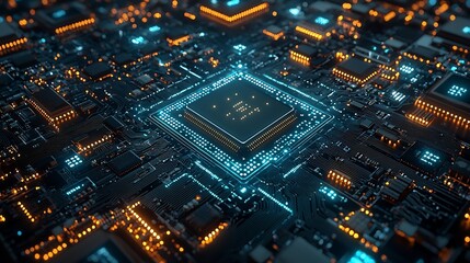 Obraz premium Futuristic chip technology circuit with a vibrant blue green color gradient and an open minimalist composition creating a sleek and modern digital aesthetic