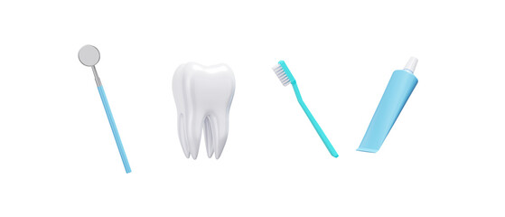 Set of 3d tooth with dental tool, toothbrush and toothpaste isolated on transparent background. Render. 3d render. PNG. Dentistry, medicine concept. 3D rendering, for web, ui, ux. Teeth