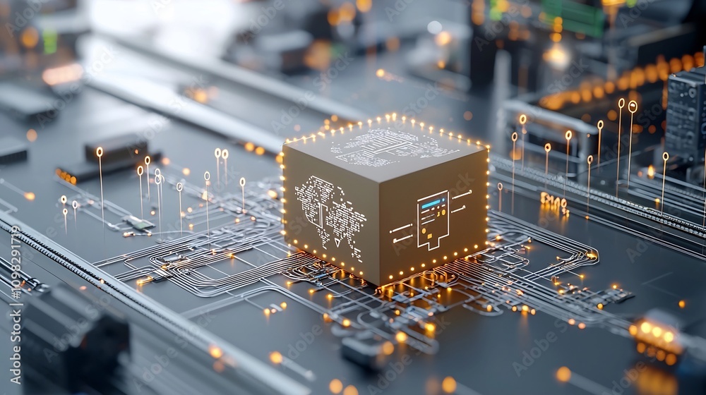 Poster Futuristic delivery box design with a glowing map feature placed on a moving conveyor belt amidst a network of illuminated digital connections representing the modern