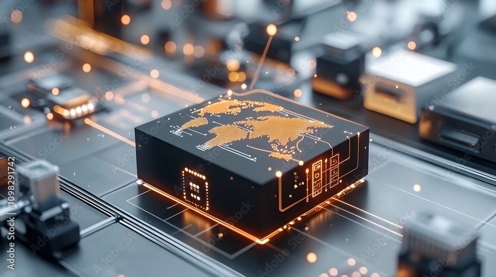Aufkleber Glowing world map on a conveyor system highlighted by futuristic network nodes linking across a digital grid symbolizing global connectivity data exchange and the future of logistics and commerce