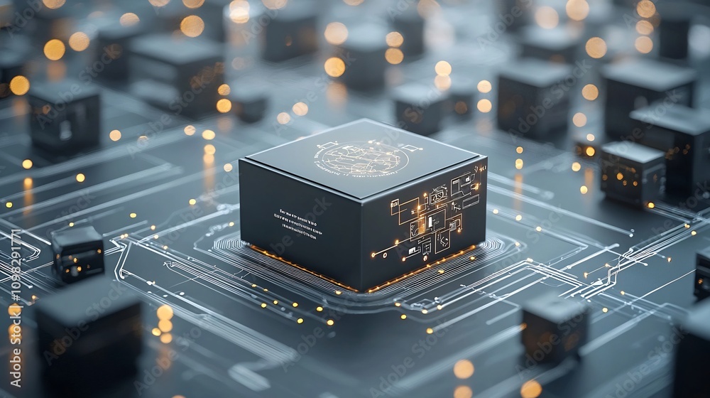 Fototapete Glowing Delivery Box with a Map Design Moving Along an Illuminated Conveyor Belt Amidst a Network of Digital Connections Representing Efficient and Automated Logistics and Supply Chain