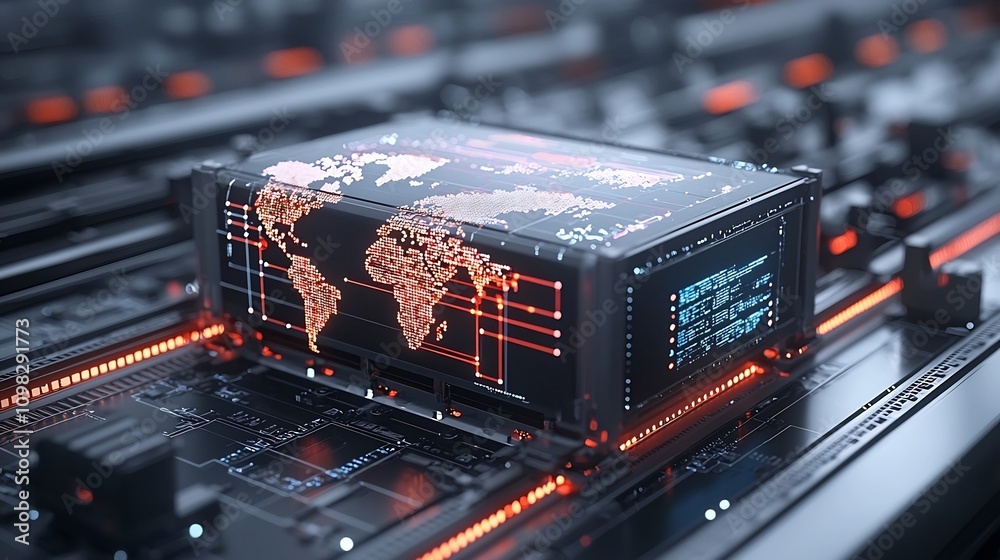 Poster Futuristic global logistics network visualization with glowing digital world map displayed on an automated conveyor system