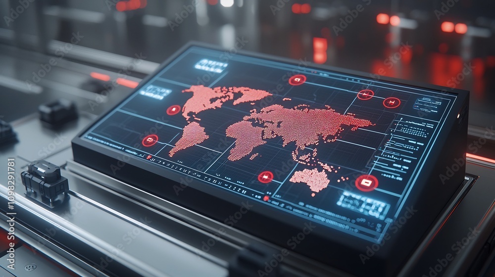 Aufkleber Futuristic box with a glowing world map on a conveyor system highlighted by a digital grid and network nodes linking across the surface representing global connectivity and data flow