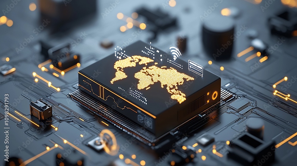 Poster Glowing holographic world map displayed on a moving conveyor belt highlighted by a futuristic network of interconnected digital nodes against a sleek abstract grid background
