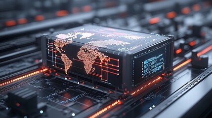 Futuristic global logistics network visualization with glowing digital world map displayed on an automated conveyor system