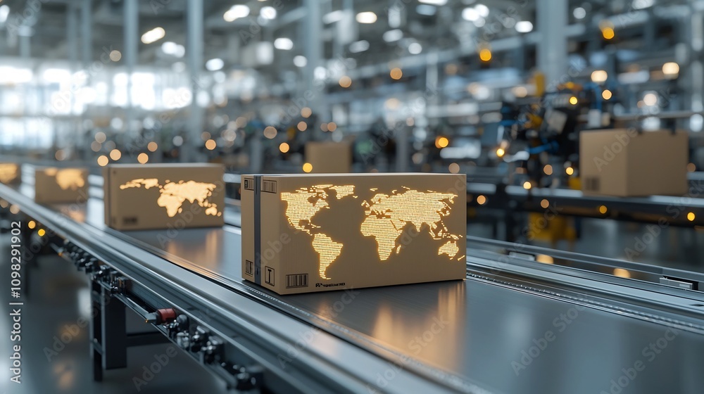 Fototapete Glowing delivery box with a detailed world map navigating through a network connected conveyor system representing the global interconnectivity and automation of modern logistics and supply chain