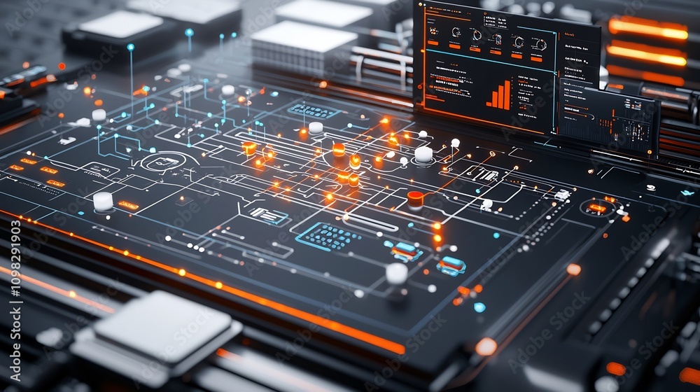 Poster Glowing map graphic displayed on a modern package traveling along a conveyor belt with bright nodes representing an advanced transportation and logistics network
