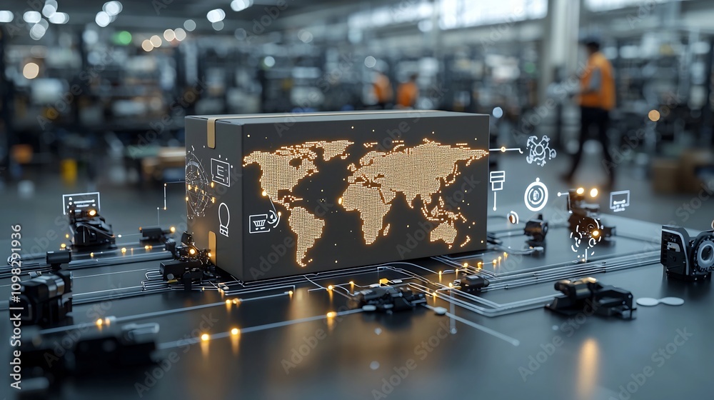 Poster Glowing delivery box moving through a network connected conveyor system with a detailed world map displayed on its surface