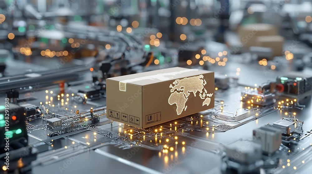 Poster A delivery box illuminated with a detailed world map gliding through a network connected conveyor system