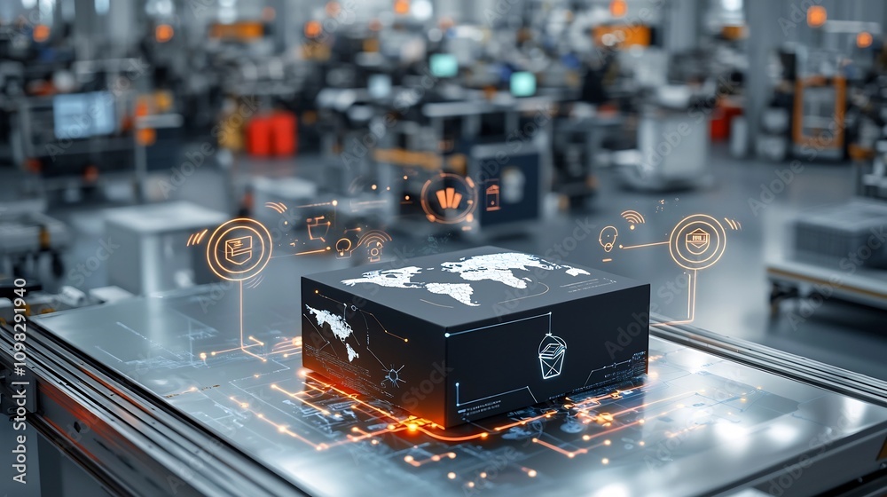 Poster a glowing delivery box with a detailed world map travels along a networked conveyor system represent