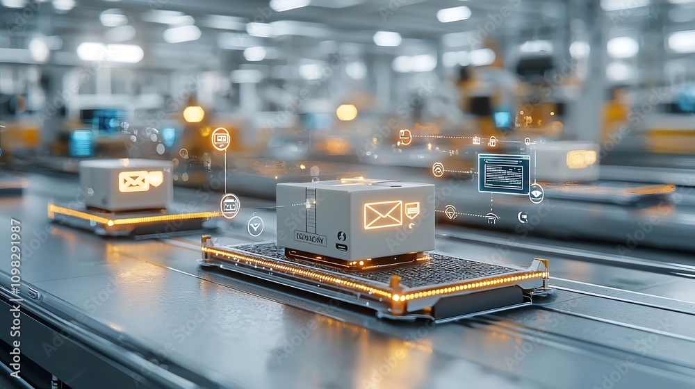 Aufkleber Futuristic transportation concept featuring a glowing delivery box and network nodes illuminating the conveyor belt symbolizing the of advanced technology automation