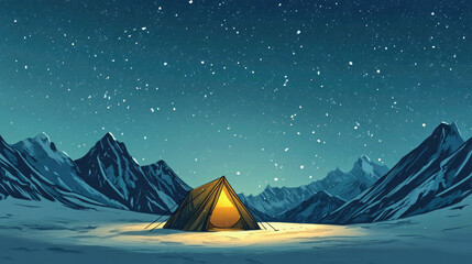 Tent glowing under a beautiful starry winter sky surrounded by snow-covered mountain peaks
