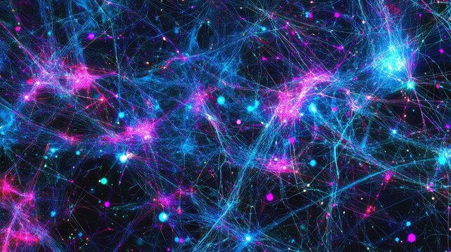 Data map with glitchy lines connecting nodes in a chaotic yet artistic array, with neon blue and purple accents