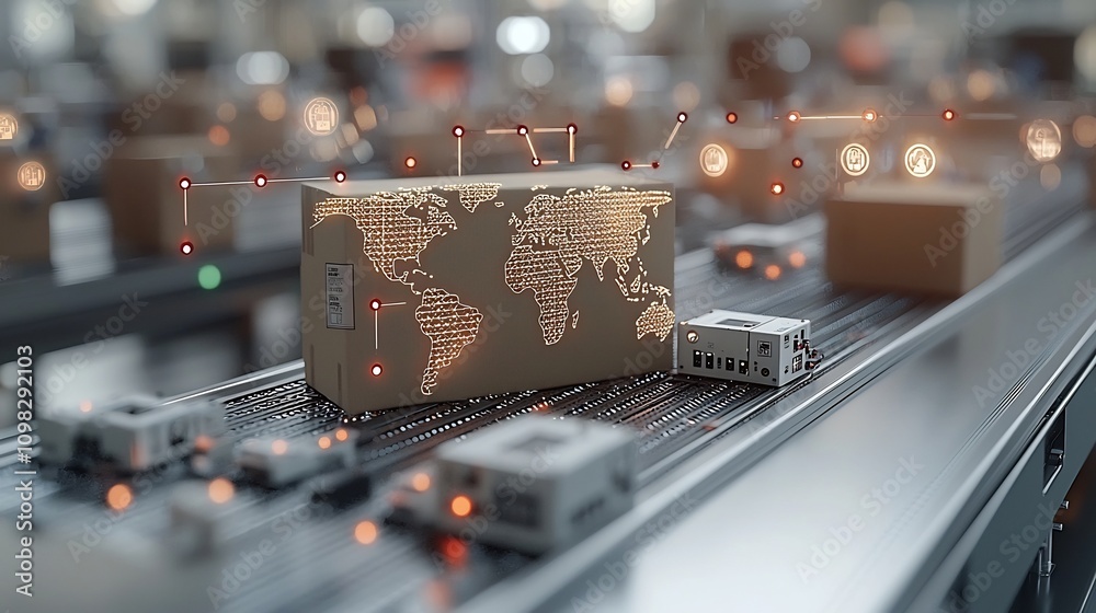 Poster Glowing Global Delivery Packages traverse a dynamic conveyor belt featuring an illuminated world map with shining network nodes in the background