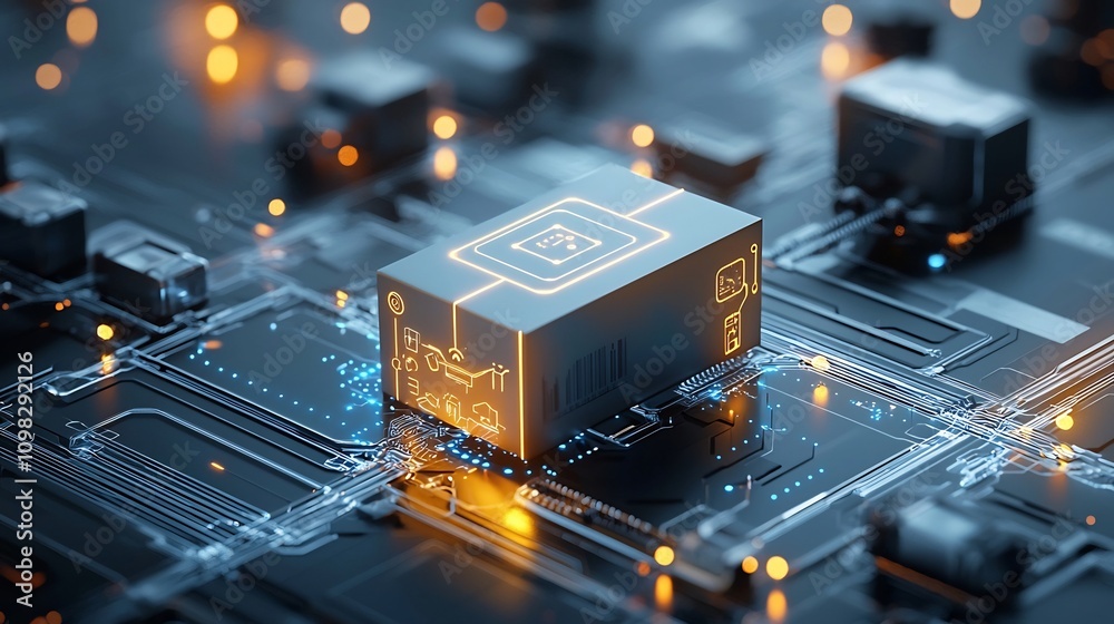 Poster Futuristic package with a glowing map pattern moving through an advanced conveyor network with shining nodes representing the concept of efficient logistics and smart supply chain management systems