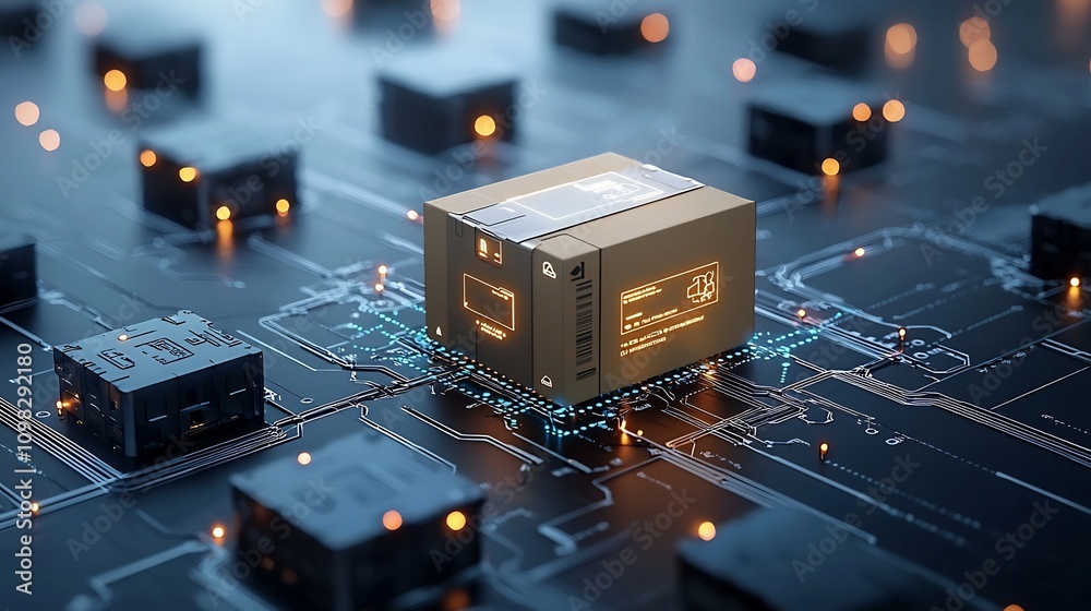 Aufkleber Futuristic package moving through an advanced automated conveyor network with a glowing pulsing map pattern  Shining nodes and technological elements suggest a highly efficient