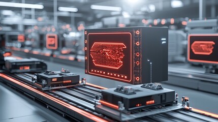 Futuristic glowing map pattern moving through an advanced conveyor network with shining nodes representing the automation and intelligence of modern logistics and supply chain systems
