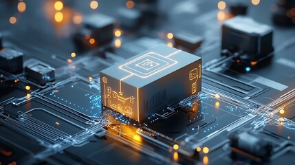 Futuristic package with a glowing map pattern moving through an advanced conveyor network with shining nodes representing the concept of efficient logistics and smart supply chain management systems