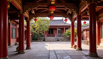 Traditional Chinese architecture with lanterns in a courtyard for Chinese New Year celebration
