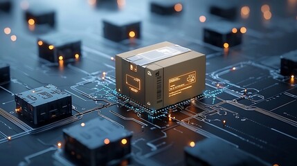 Futuristic package moving through an advanced automated conveyor network with a glowing pulsing map pattern  Shining nodes and technological elements suggest a highly efficient