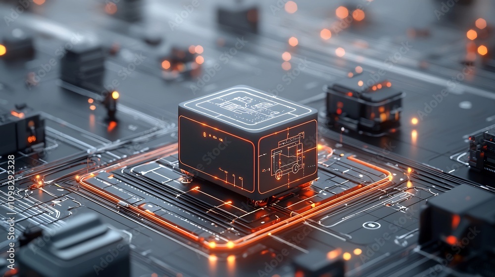 Poster Futuristic traveling box with illuminated map details gliding on a high tech conveyor system surrounded by a bright network of lights representing the concept of digital connectivity