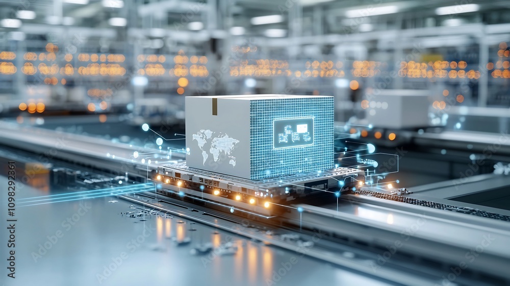 Aufkleber Illuminated box with detailed map information traveling on a futuristic conveyor system surrounded by a network of bright glowing lights representing the future of transportation technology