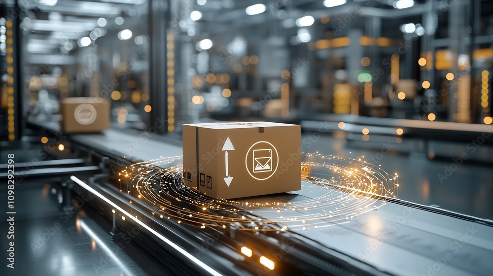 Aufkleber bright delivery box with a glowing map graphic moving along a sleek conveyor belt that is connected 