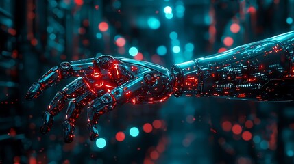 Futuristic humanoid robot with mechanical arm in a vibrant open tech background with smooth innovative design and space for text overlay