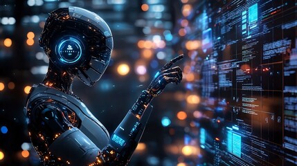 Futuristic Humanoid with Glowing Tech Elements in Modern High Tech Background  Advanced digital of an intelligent or cyborg figure surrounded by dynamic