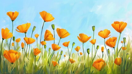 Naklejka premium An acrylic painting of orange poppies in the grass