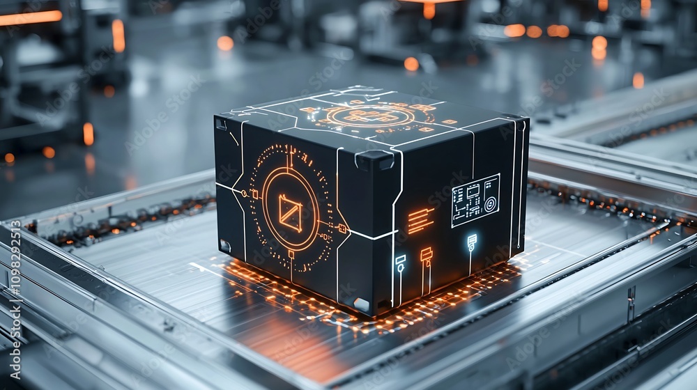 Poster Glowing high tech box with a futuristic map design placed on a conveyor belt beneath an illuminated network grid with bright nodes representing connectivity data and advanced technology