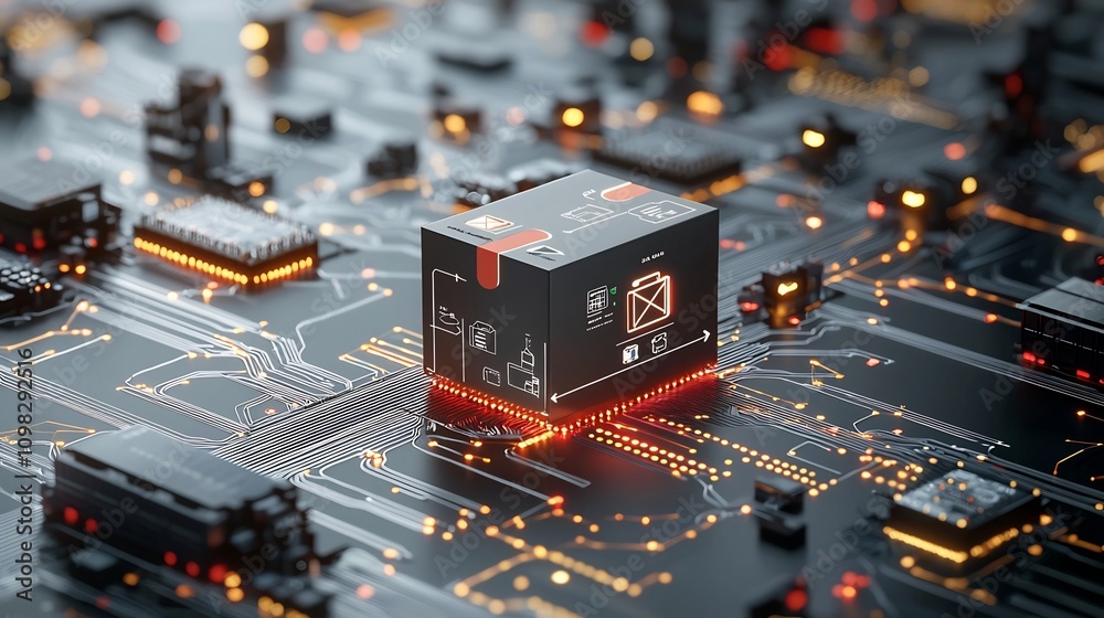Aufkleber Glowing delivery box moving on an automated conveyor belt with nodes symbolizing a connected global network for advanced intelligent transport and logistics systems