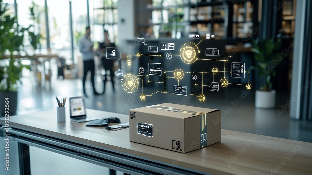 Poster Glowing delivery box moving on a conveyor belt against a backdrop of a connected global network symbolizing advanced automated and integrated logistics and transport systems