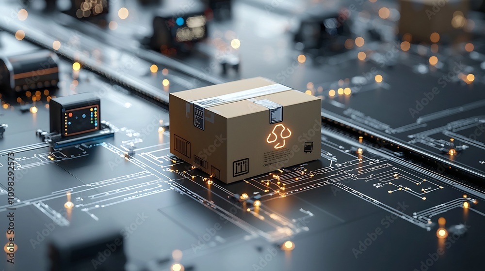 Poster Glowing delivery box traveling on a conveyor belt with nodes and symbols representing an advanced connected global network for efficient transportation and logistics