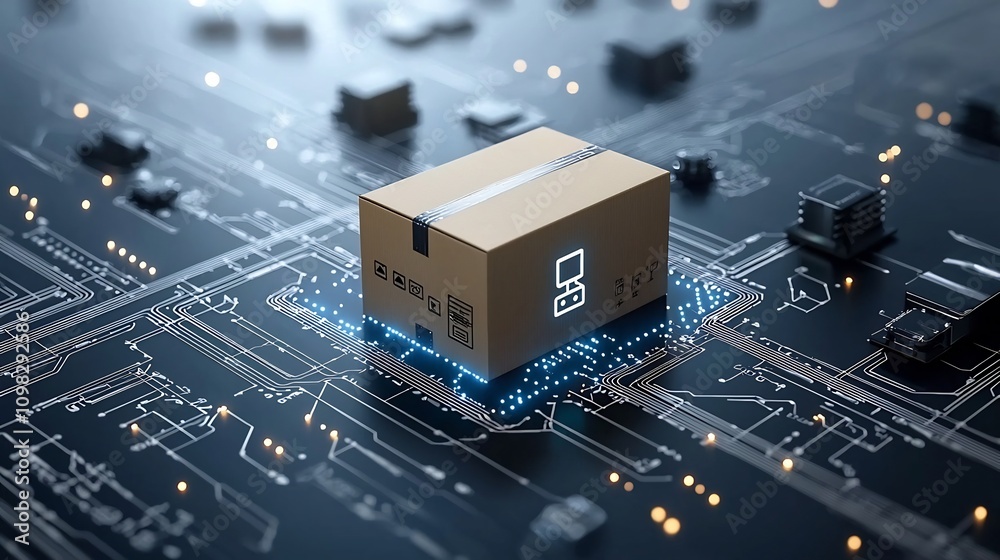 Aufkleber Illuminated delivery box moving on a conveyor belt against a backdrop of a connected global network symbolizing advanced and automated transportation and logistics solutions for the future