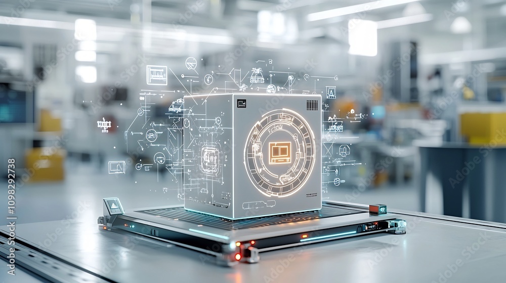 Poster Futuristic glowing delivery box with detailed map levitating on conveyor belt within a connected automated transport system  Concept of modern