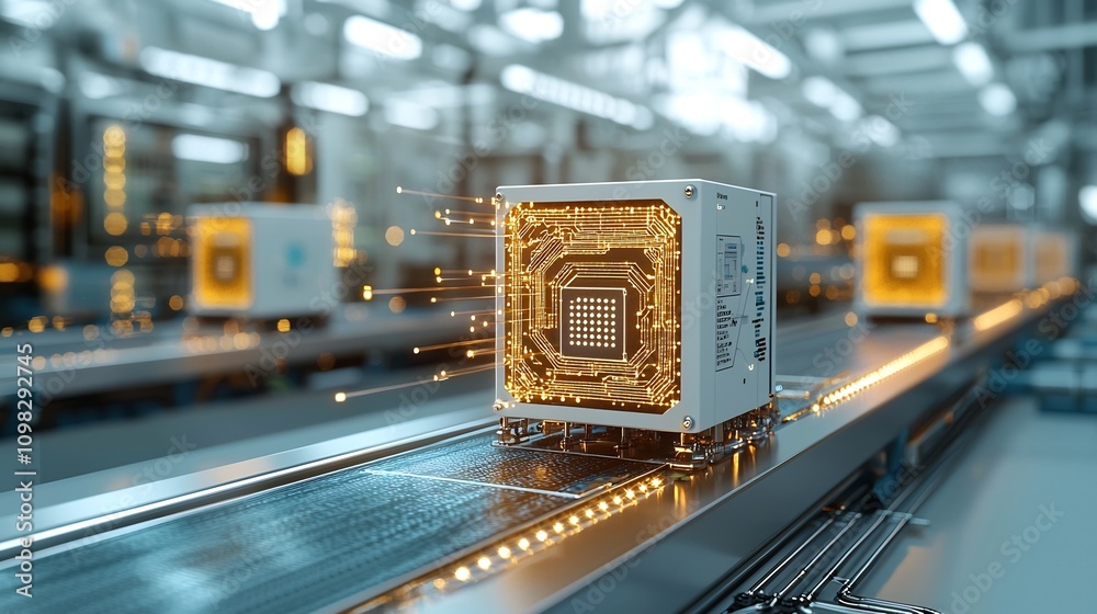 Aufkleber Glowing Delivery Package Traveling on a Conveyor Belt Linked to a Bright Digital Network Representing Advanced Logistics and Automation Technology in the Modern Supply Chain and Distribution Industry