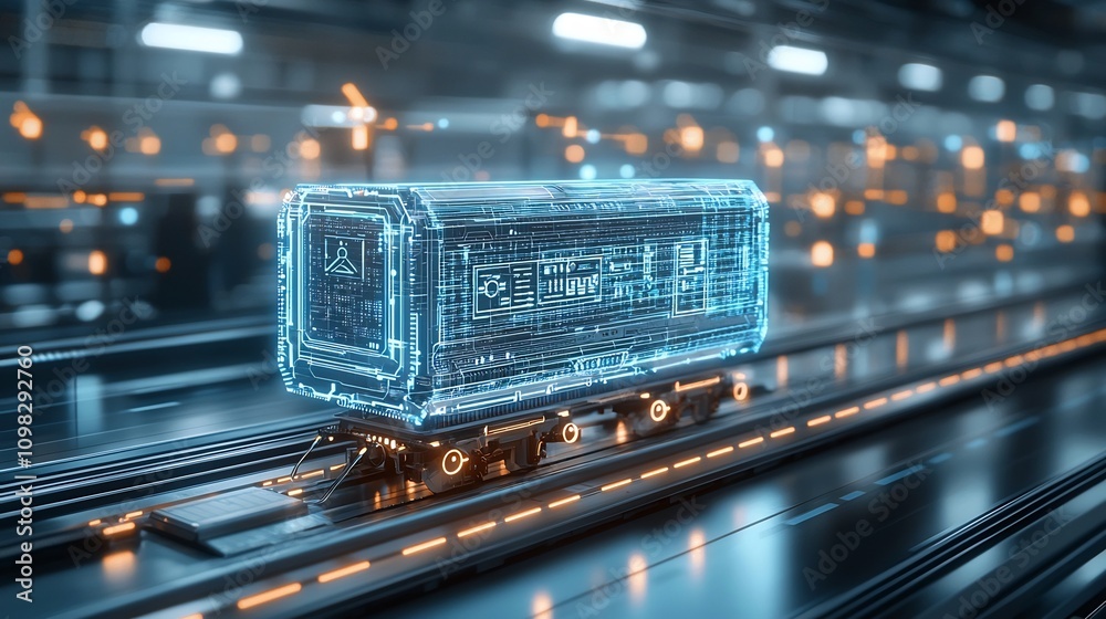 Aufkleber Glowing delivery package with an advanced dynamic mapping pattern traveling along an automated conveyor belt linked to a bright interconnected digital network system