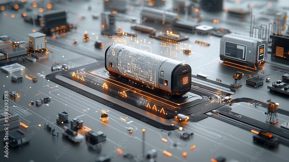 Poster Futuristic delivery package glowing with an advanced map pattern traveling along an automated conveyor belt connected to a bright digital logistics network