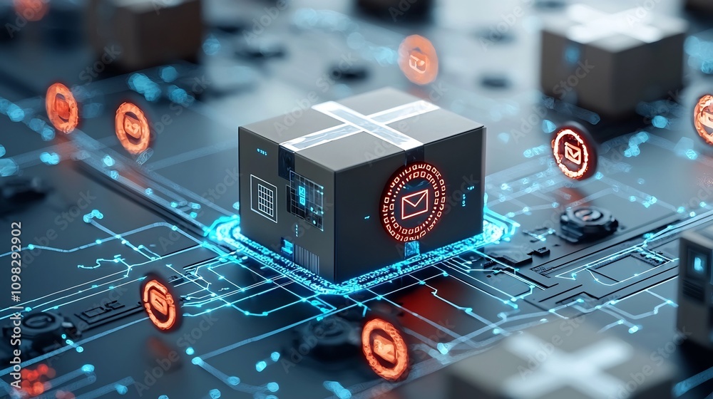 Poster Advanced logistics concept featuring a glowing delivery box moving along an automated conveyor belt surrounded by a network of interconnected digital points