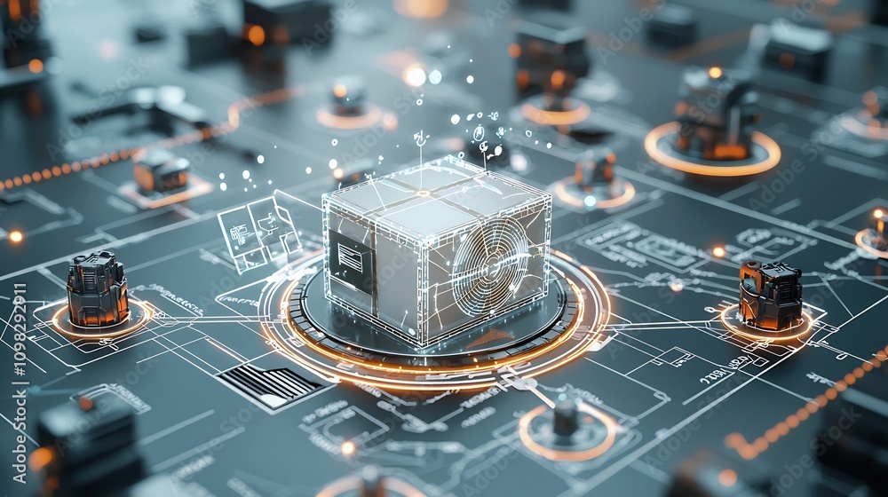 Poster Futuristic logistics concept featuring a glowing delivery box on a conveyor belt surrounded by a network of interconnected glowing points symbolizing advanced transportation distribution