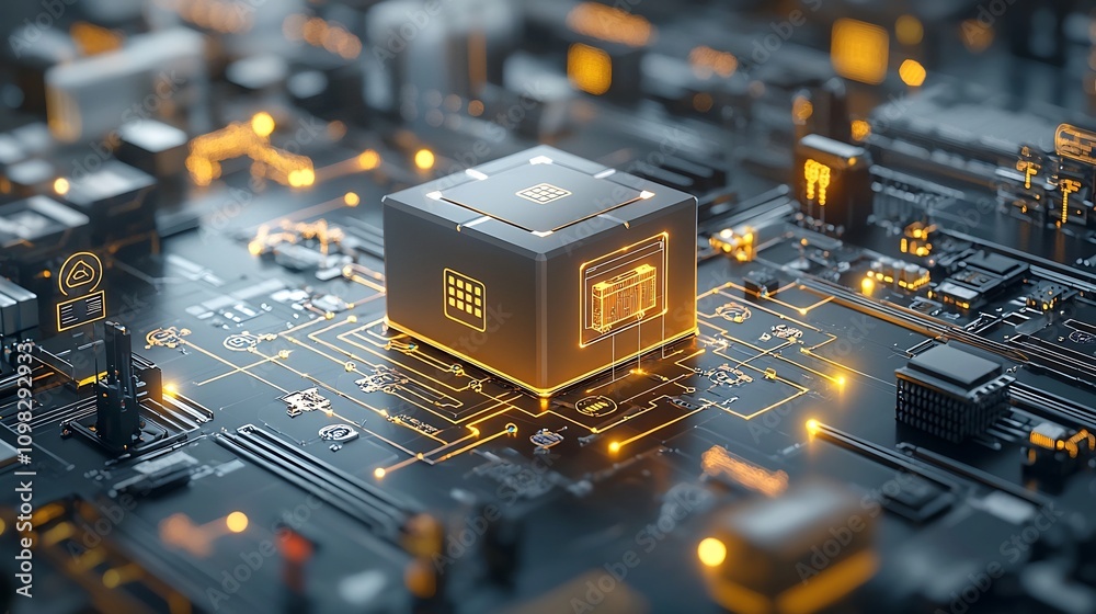Poster Futuristic Logistics Concept Showcasing a Glowing Delivery Box on a Conveyor Belt Surrounded by an Interconnected Network of Glowing Points Representing the Advanced Technology and Connectivity of