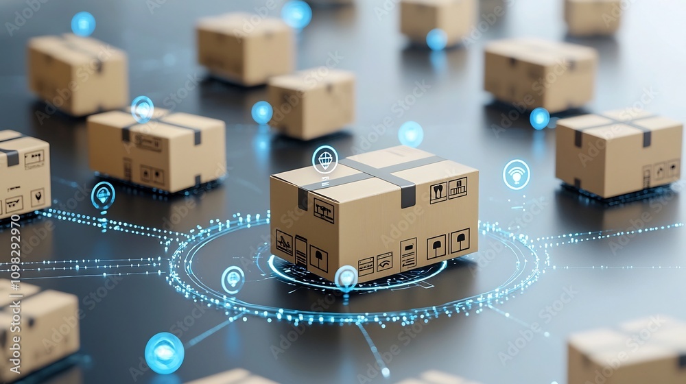 Poster Advanced Logistical System with Glowing Delivery Box and Interconnected Network Points Depicting the Future of Efficient Supply Chain and Cargo Transportation