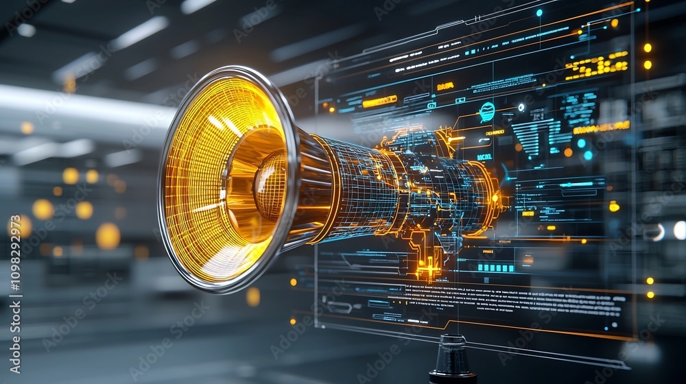 Poster A glowing illuminated megaphone with a vibrant world map motif emitting golden light paired with a futuristic digital globe in a clean abstract setting   showcasing a concept of global communication