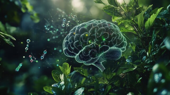 A surreal fusion of nature and mind, showcasing a brain amidst lush greenery.