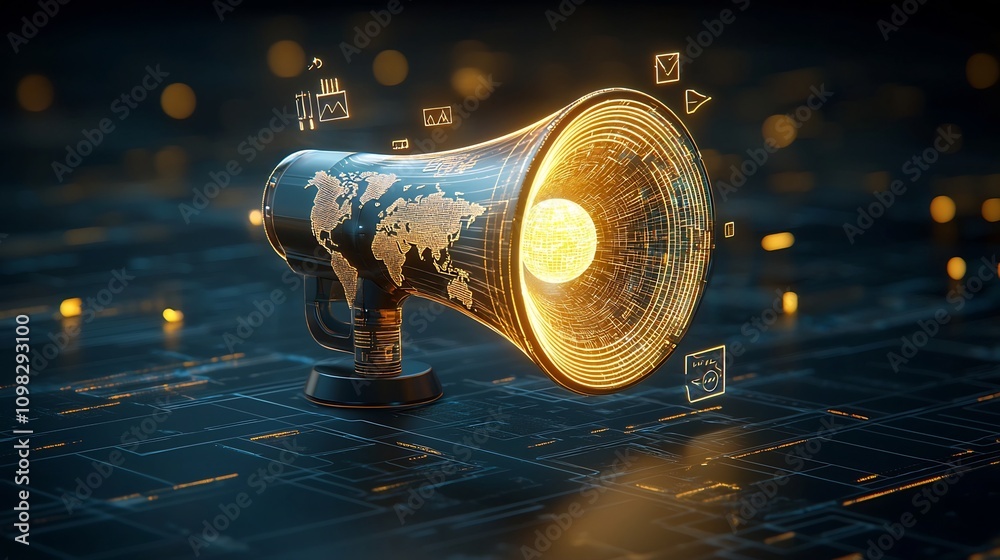 Fototapete Illuminated futuristic megaphone with a glowing world map design surrounded by golden light and a sleek dynamic globe in a futuristic space like environment