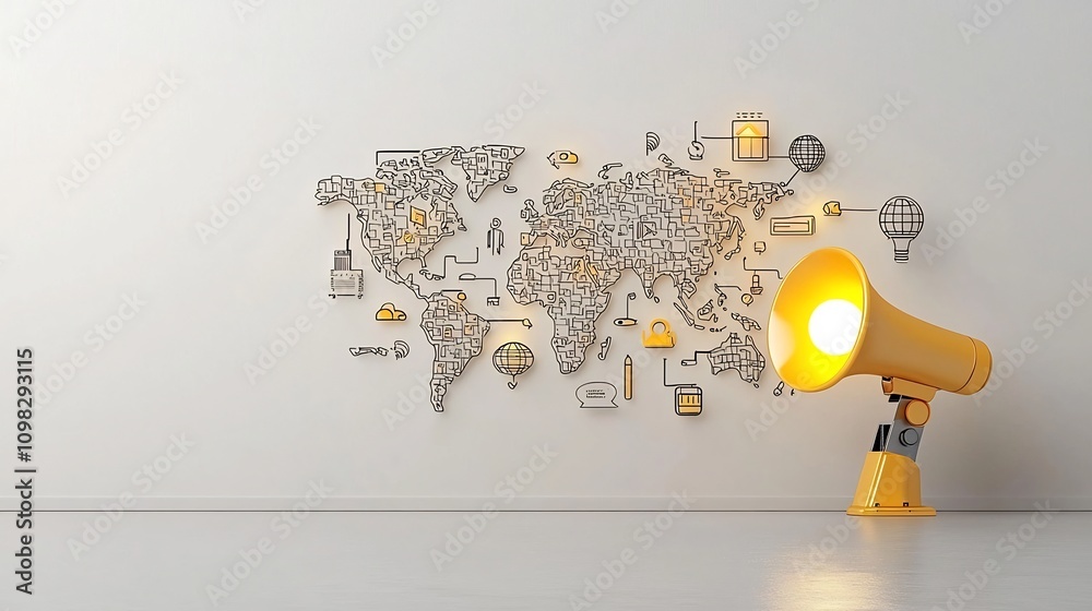 Fototapete Glowing golden megaphone with an illuminated world map pattern highlighting a radiant globe in a modern minimalistic space representing global communication digital technology