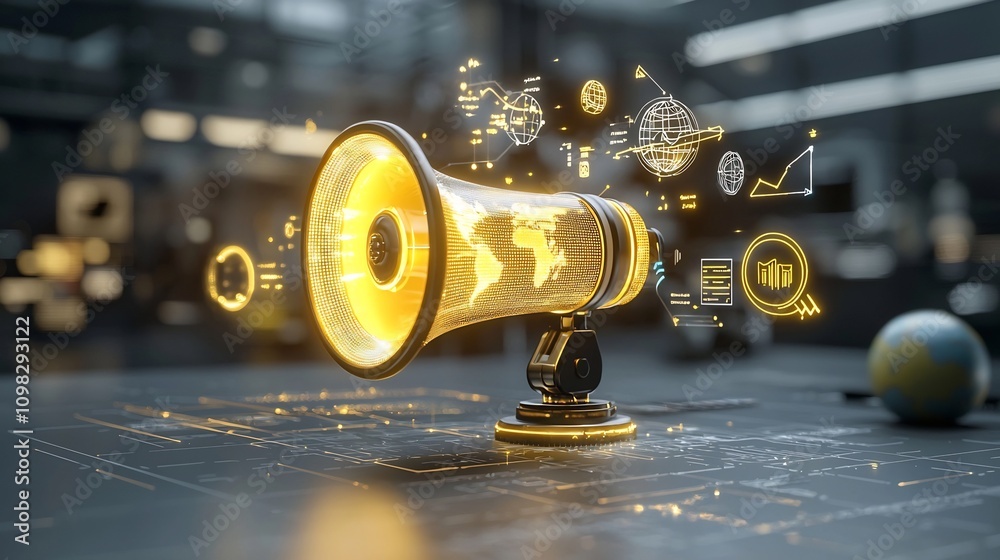 Poster sleek and illuminated futuristic megaphone device surrounded by a glowing world map design golden li